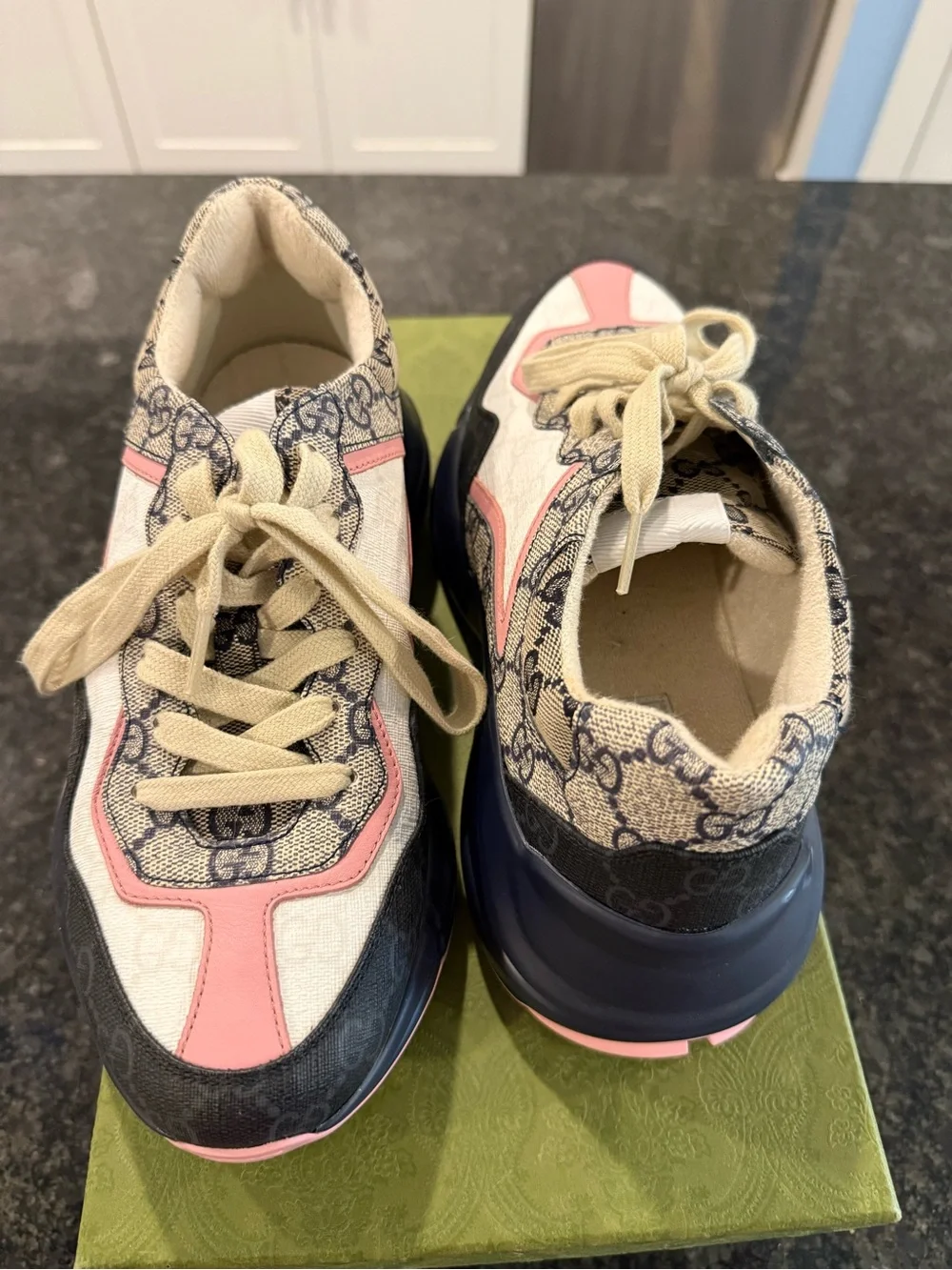 Gucci Beige GG Canvas Sneakers with Pink & Navy Accents